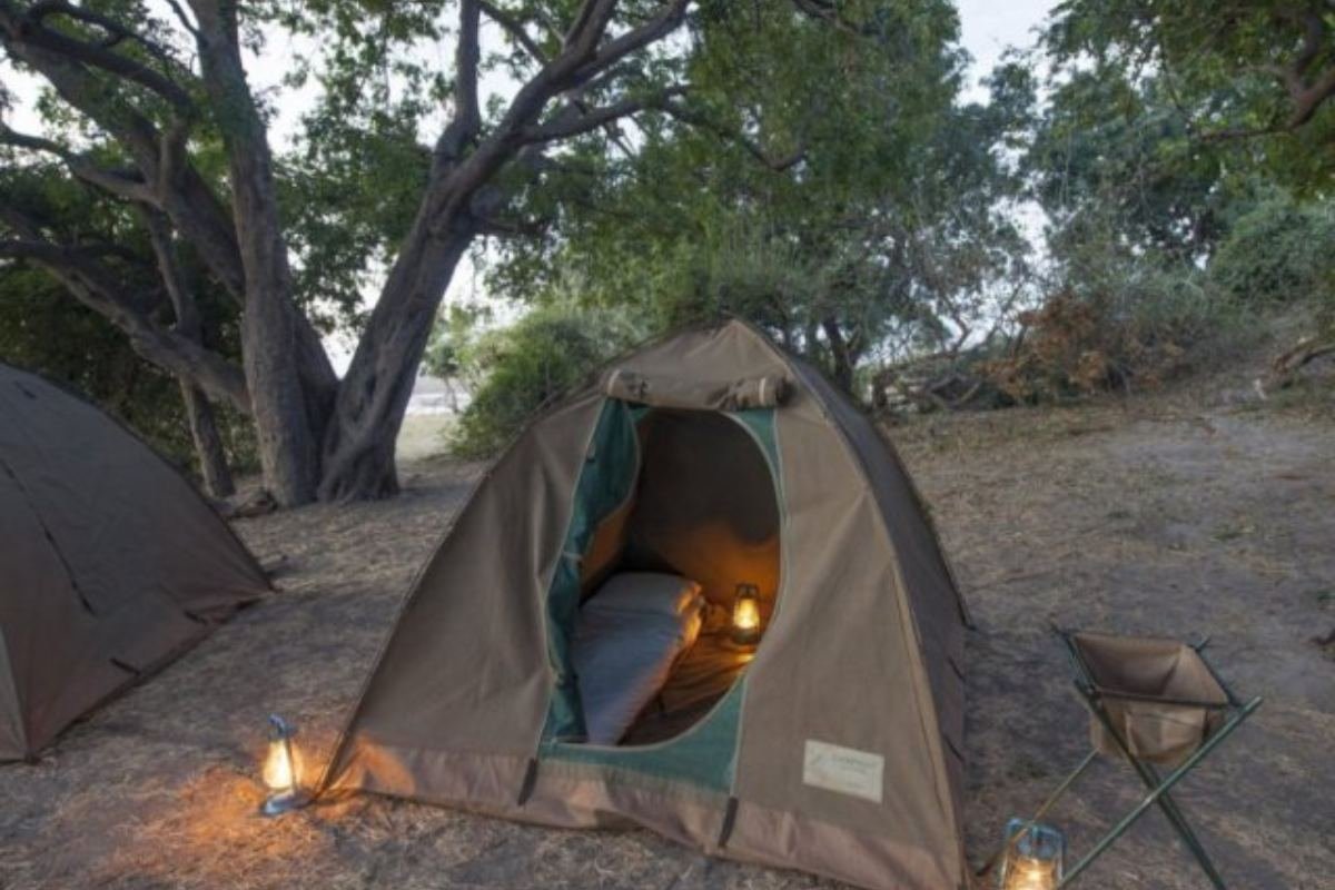 Tent pitched in Chobe National Park for a camping safari