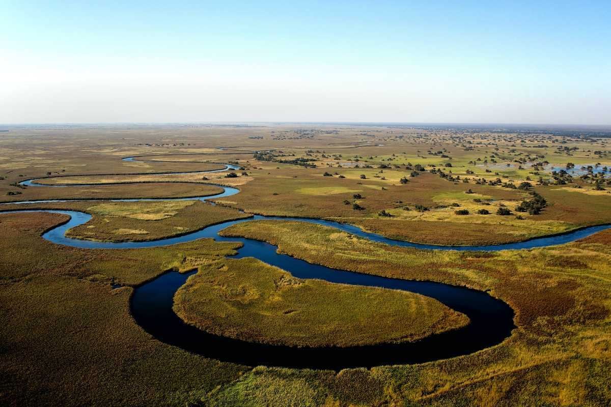 Okavango Delta inland waterway, aerial view