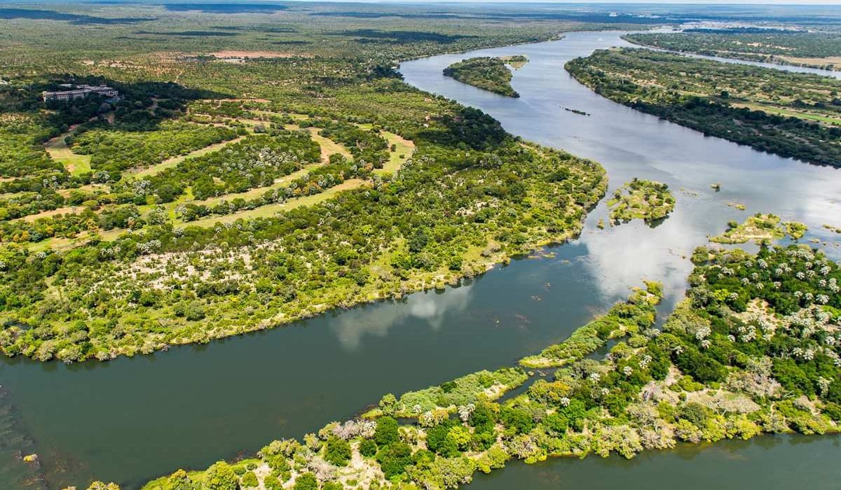 Aerial view of the Okavango Delta waterways
